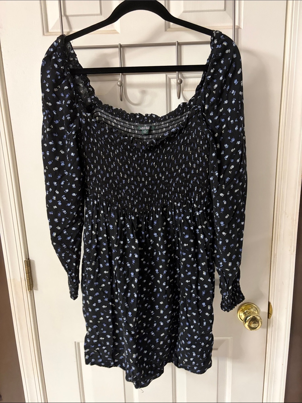 wild fable Black Long Sleeve Smocked Dress with Blue Floral Print